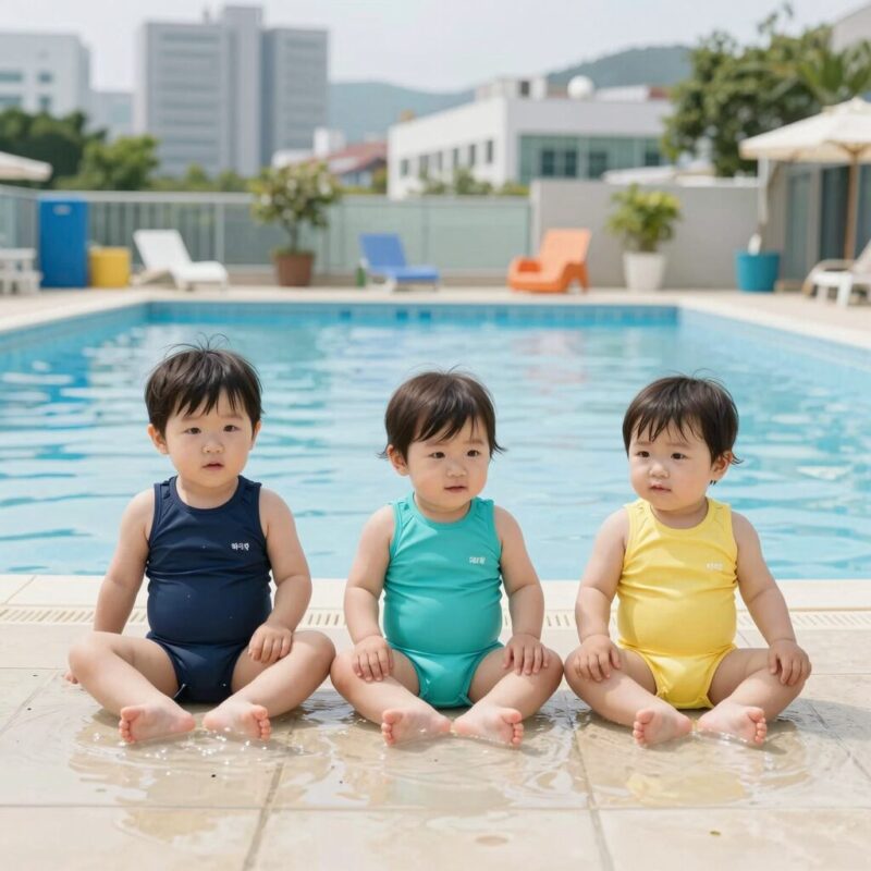 아기 레쉬가드 3개월 착용 후기 비교 1 아기 레쉬가드 세 가지 제품을 비교한 사진. 왼쪽부터 알파베베, 베이비앙, 배럴 제품이 수영장 바닥에 펼쳐져 있다.