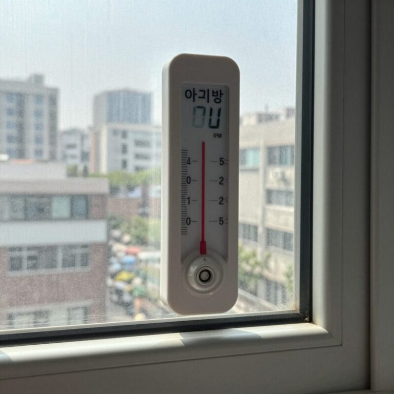 아기방 온도계와 에어컨 리모컨, 단열필름이 부착된 창문