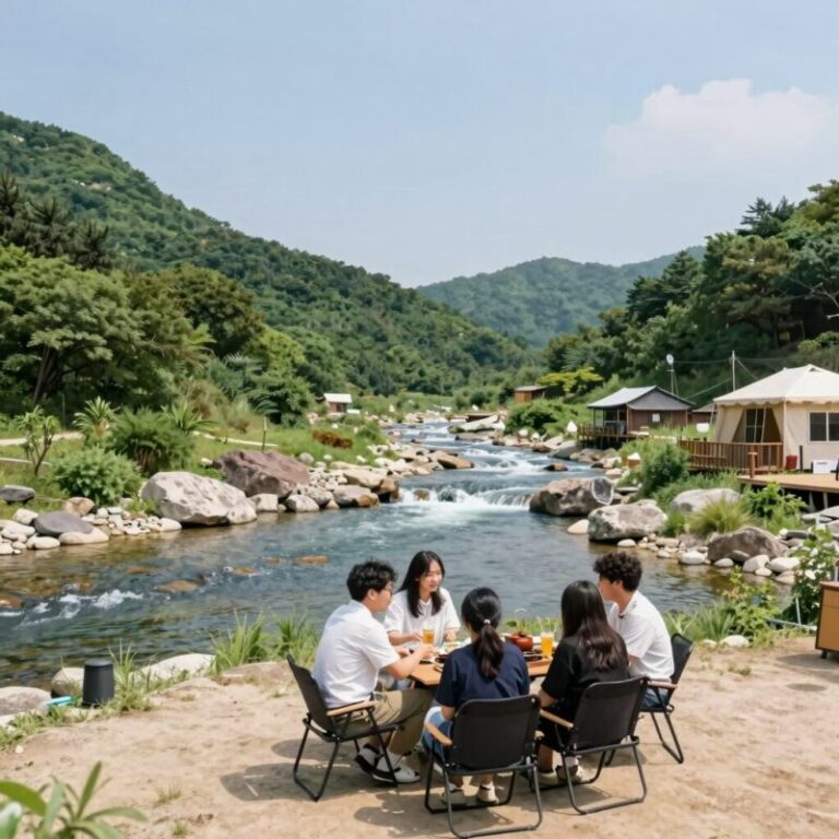 포천 백운계곡 글램핑장 앞 계곡과 바베큐 데크 전경
