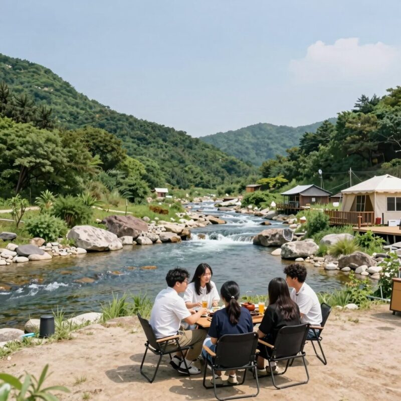 백운계곡글램핑 여름 물놀이 바베큐 총정리 1 포천 백운계곡 글램핑장 앞 계곡과 바베큐 데크 전경