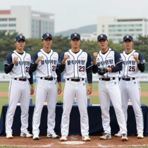 야구여왕 시즌2 블랙퀸즈 선수들이 기자간담회에서 포즈를 취하고 있다