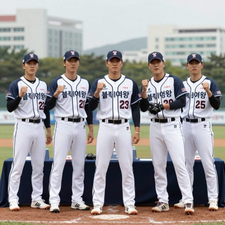 야구여왕 시즌2 블랙퀸즈 선수들이 기자간담회에서 포즈를 취하고 있다