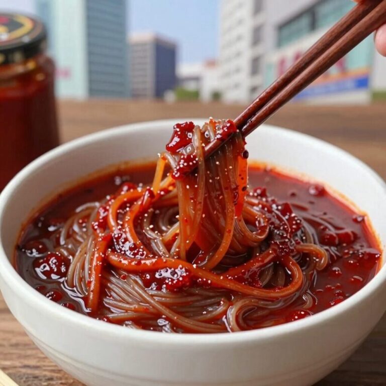 비빔냉면 양념장을 숟가락으로 떠서 그릇에 담은 모습. 붉고 윤기 나는 양념장이 보인다.