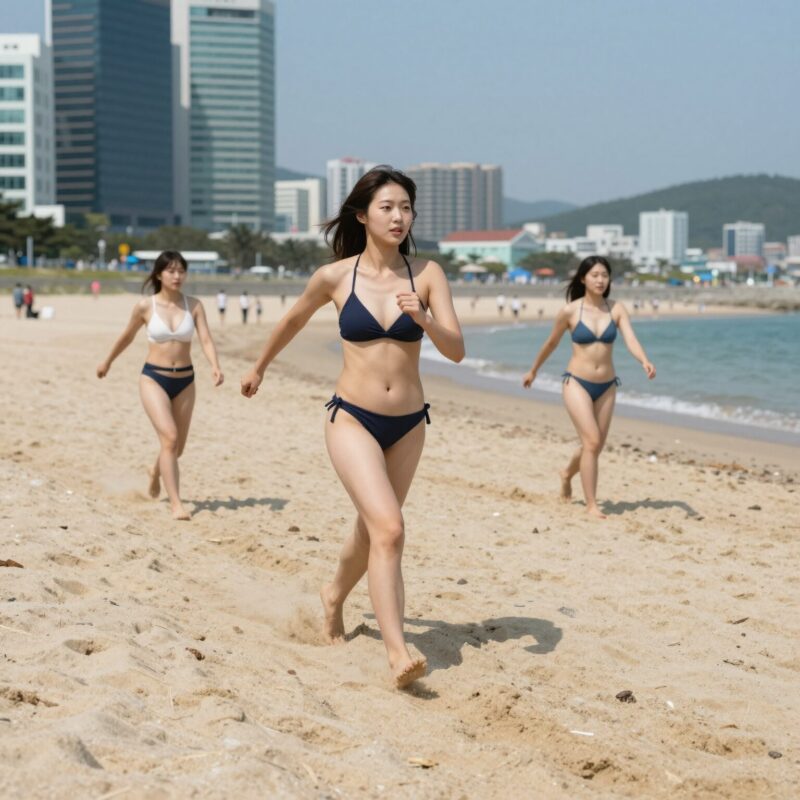 여성비치반바지를 입고 해변에서 활동하는 모습