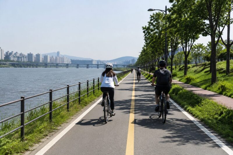 민경선 고양시장의 교통 개선과 시민 생활 변화 1 고양시 자전거 도로가 한강변을 따라 깔끔하게 조성되어 시민들이 안전하게 자전거를 타고 있다