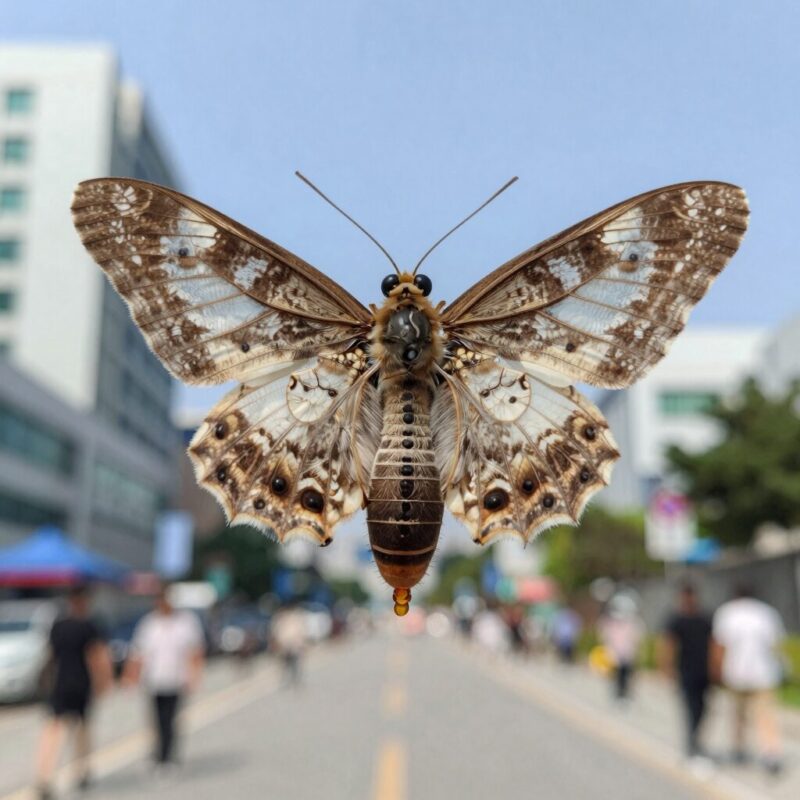 갈색날개매미충 유충의 꼬리 분비물이 부채처럼 펼쳐진 모습