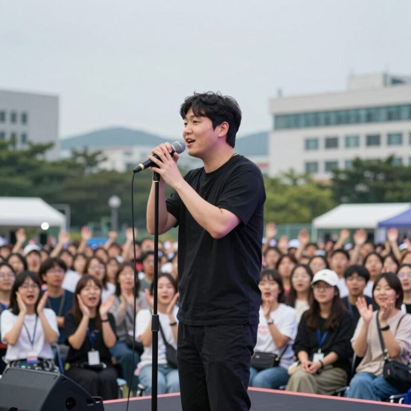 변진섭이 무대에서 마이크를 잡고 노래하는 모습 관객이 환호하는 콘서트 현장