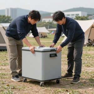 캠핑장에서 사용하는 휴대용 냉장고 설치 모습