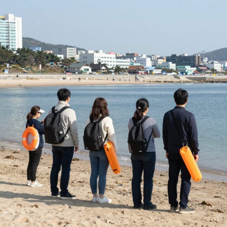 캐리비안베이 파도풀에서 구명조끼를 착용한 방문객
