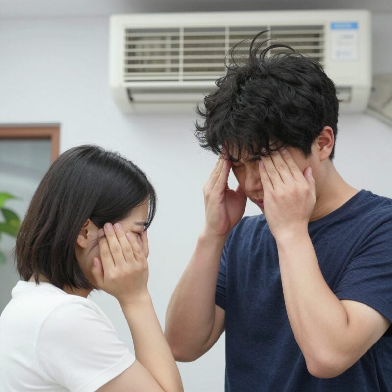 냉방병 두통 원인과 예방법 완벽 정리 1 에어컨 바람을 머리에 직접 쐬는 모습, 냉방병 두통 유발 상황