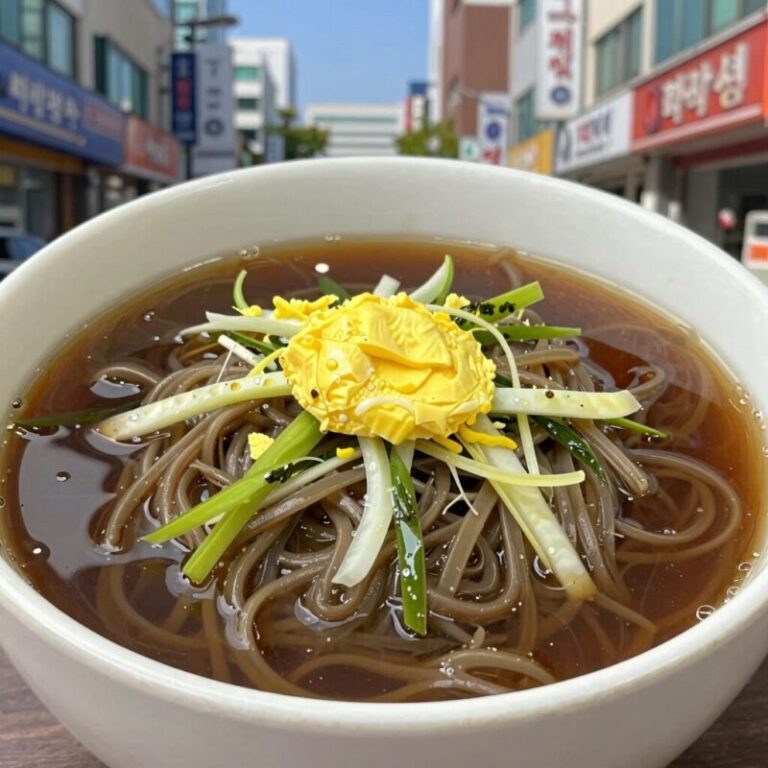 비빔냉면 완성 접시에 고명으로 오이 계란 황태채 명태회가 올려진 모습