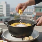 옥수수 맛있게 삶기 냄비 시간과 비법 공개 냄비에 옥수수와 물, 소금, 뉴슈가를 넣고 끓이는 모습