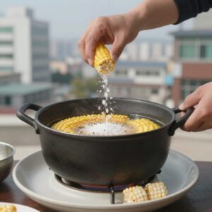 냄비에 옥수수와 물, 소금, 뉴슈가를 넣고 끓이는 모습