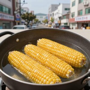 뉴슈가를 넣은 찰옥수수를 냄비에 삶는 모습