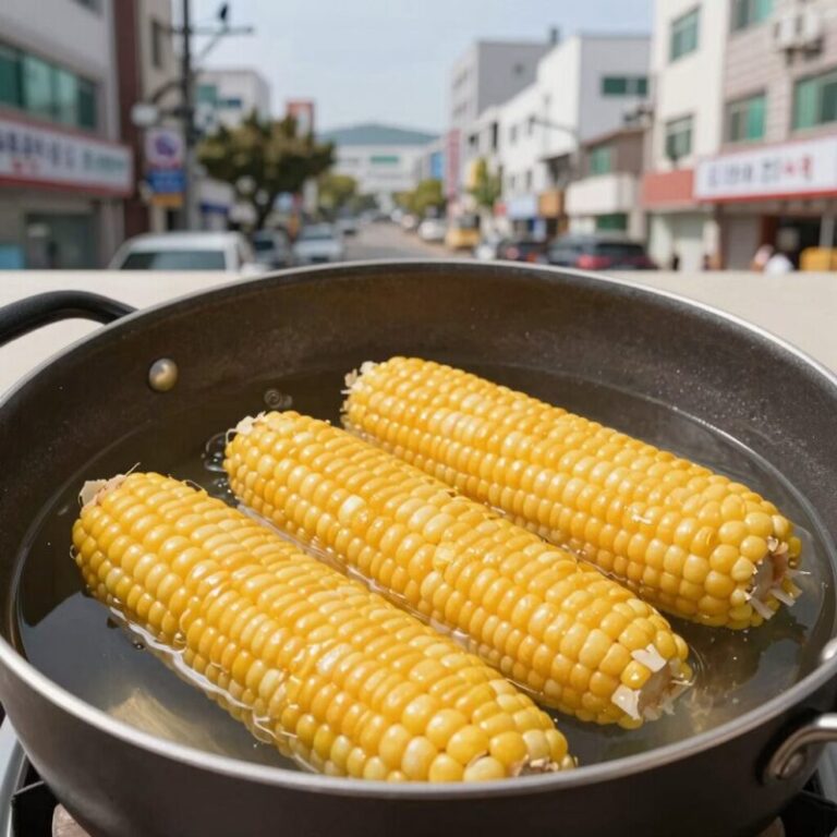 뉴슈가를 넣은 찰옥수수를 냄비에 삶는 모습