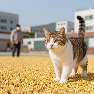 고양이와 옥수수 알갱이, 속대의 안전한 급여 차이를 보여주는 이미지