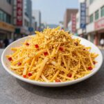 완성된 마약옥수수 접시에 담긴 모습, 치즈가루와 파프리카가루가 뿌려져 있음