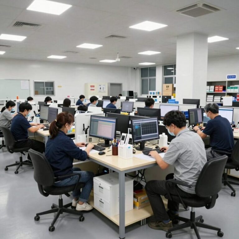 쿠팡 물류센터 내부 진열대와 작업자 모습
