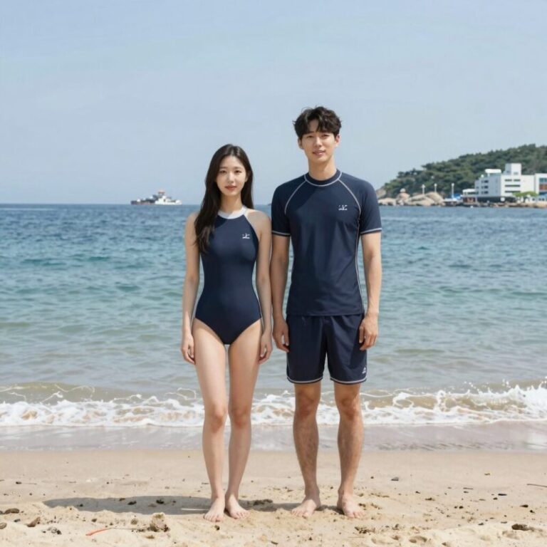 커플이 해변에서 레쉬가드 세트를 입고 포즈를 취하고 있는 모습