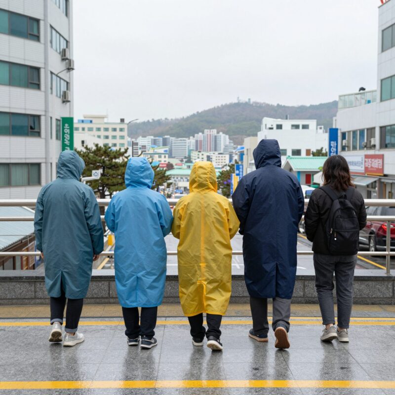 다이소 우비 2000원 여행 필수템 후기 1 포항 여행 중 다이소 우비를 입고 비를 피하는 모습