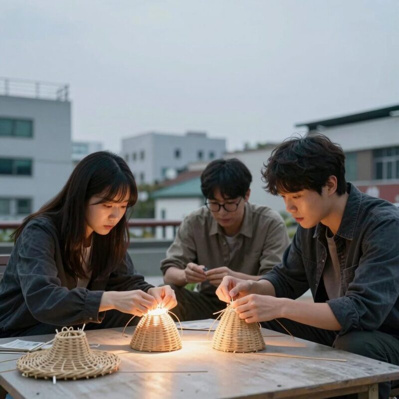 가수 던이 직접 라탄과 한지로 조명을 만들고 있는 모습