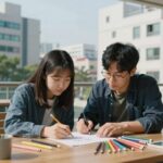 그림일기장으로 기록하는 하루의 소중함 열린 그림일기장에 연필과 색연필이 함께 있는 모습