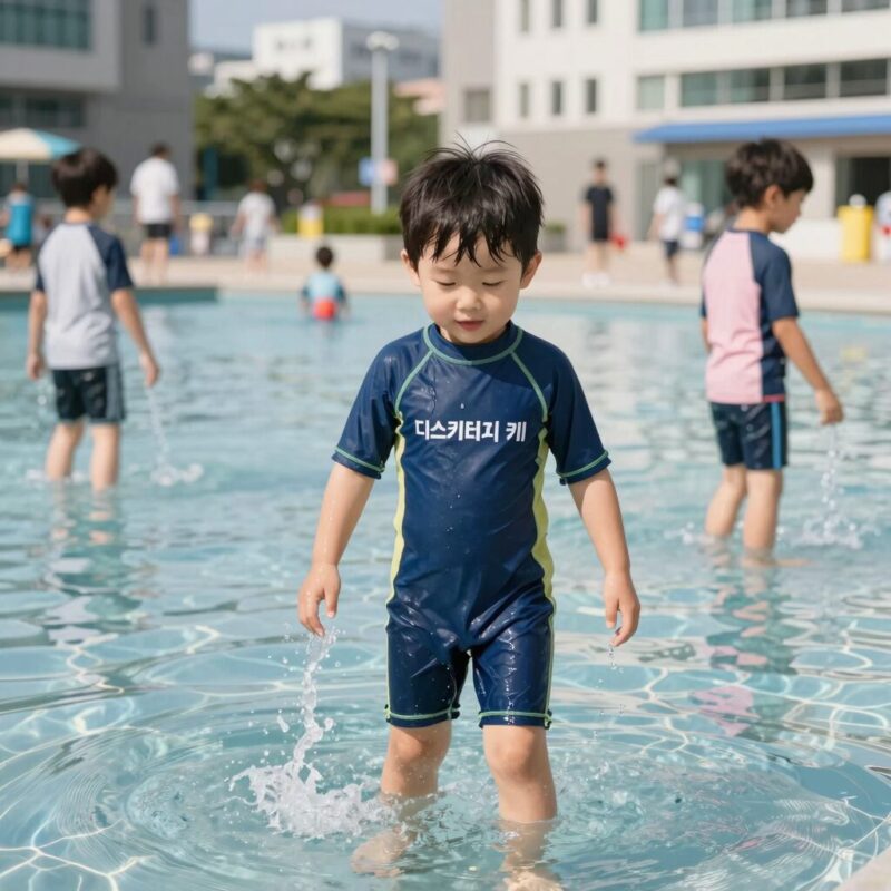 디스커버리 키즈 래쉬가드 솔직후기 1 디스커버리 키즈 래쉬가드를 입고 분수대에서 물놀이하는 아이 모습