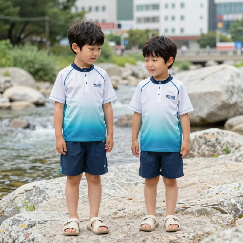 디스커버리 키즈 수영복 셋업 추천 이유 1 디스커버리 키즈 래쉬가드 셋업 그라데이션 디자인을 입고 계곡에서 신나게 노는 아이