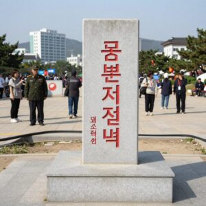 군사분계선 표지석과 철책, 북한 지역이 보이는 풍경