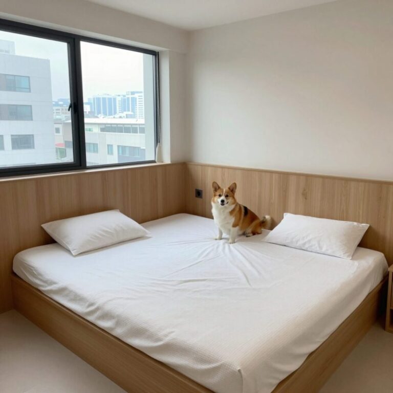 프라이빗 애견호텔 객실 내부 모습, 안전문과 논슬립 매트가 설치되어 있음