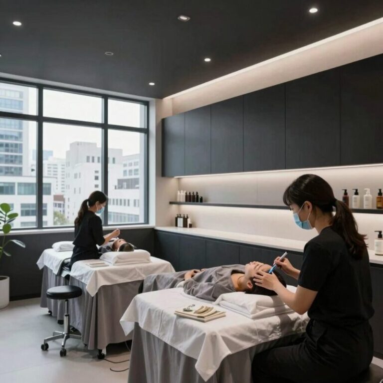 동탄 피부관리 실루마의 블랙톤 인테리어와 대기 공간 모습