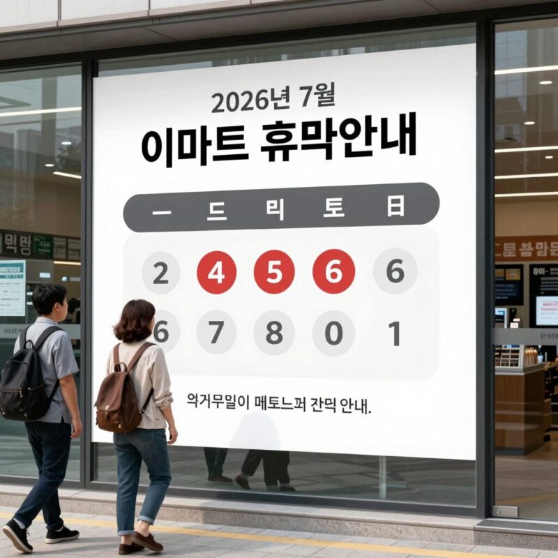 2026년 7월 이마트 휴무일 정리 1 2026년 7월 이마트 휴무일 확인을 위해 매장 전경과 휴무 안내문을 보는 모습