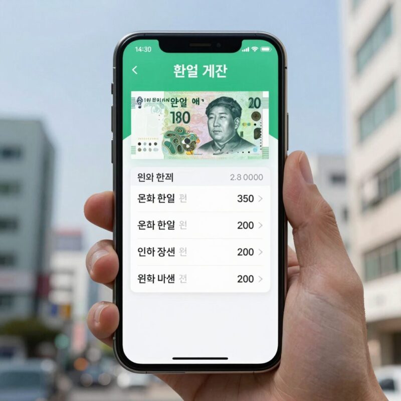 스마트폰 화면에 엔화 환율 계산기 앱이 실행되어 실시간 엔화 환율과 원화 변환 결과를 보여주는 모습