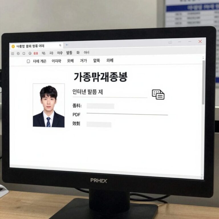 컴퓨터 화면에 띄운 가족관계증명서 인터넷 발급 화면과 PDF 저장 아이콘