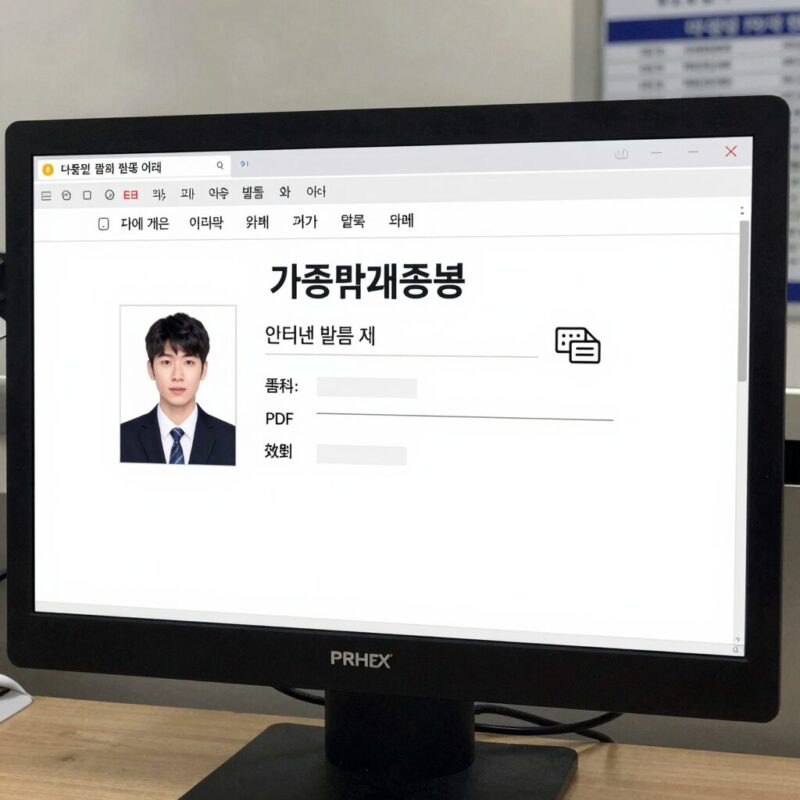 컴퓨터 화면에 띄운 가족관계증명서 인터넷 발급 화면과 PDF 저장 아이콘