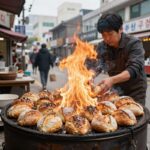 극한직업 화덕빵 장인의 진짜 이야기 화덕 속에서 빵이 구워지는 모습, 불꽃과 빵의 조화