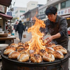 화덕 속에서 빵이 구워지는 모습, 불꽃과 빵의 조화