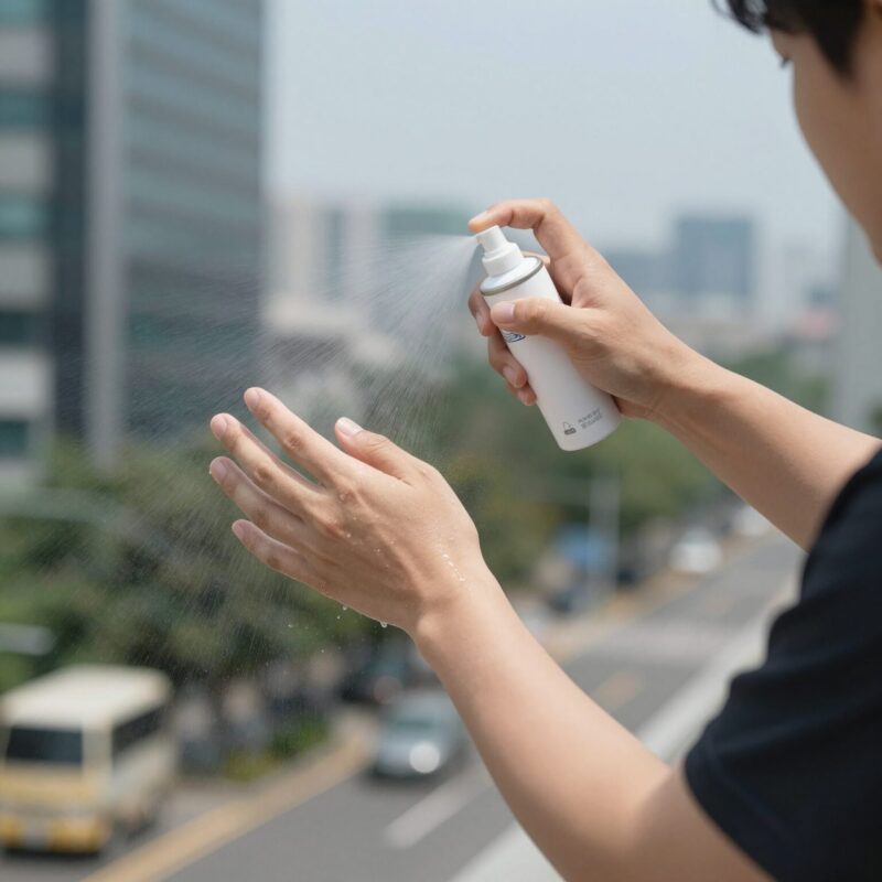 발땀 안나는법 진짜 효과 본 3가지 실전 팁 1 발에 쿨링 스프레이를 뿌리는 모습. 보송하고 시원한 느낌을 강조한 이미지