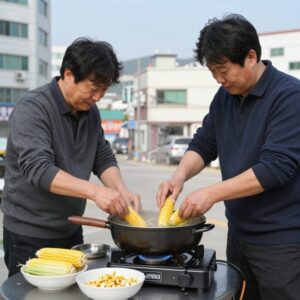 삶은 옥수수를 찜기에 넣고 재조리하는 모습으로 냉동 보관 후 맛있게 데우는 방법을 보여준다