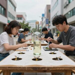 사과식초와 세제로 만든 DIY 초파리 트랩, 랩에 구멍을 뚫어 초파리를 유인하는 모습