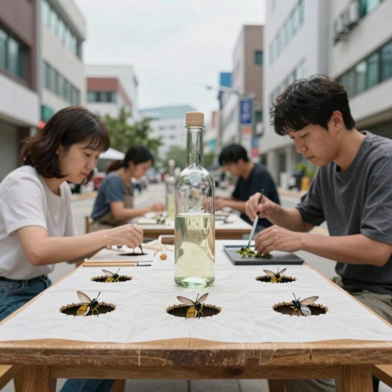 사과식초와 세제로 만든 DIY 초파리 트랩, 랩에 구멍을 뚫어 초파리를 유인하는 모습