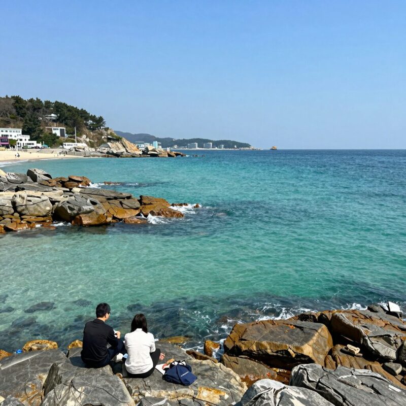감추해수욕장 동해 바다 힐링 여행 1 감추해수욕장의 에메랄드빛 바다와 주변 바위 풍경