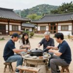 가평 임초리부뚜막풀빌라의 솥뚜껑 바비큐를 즐기는 모습