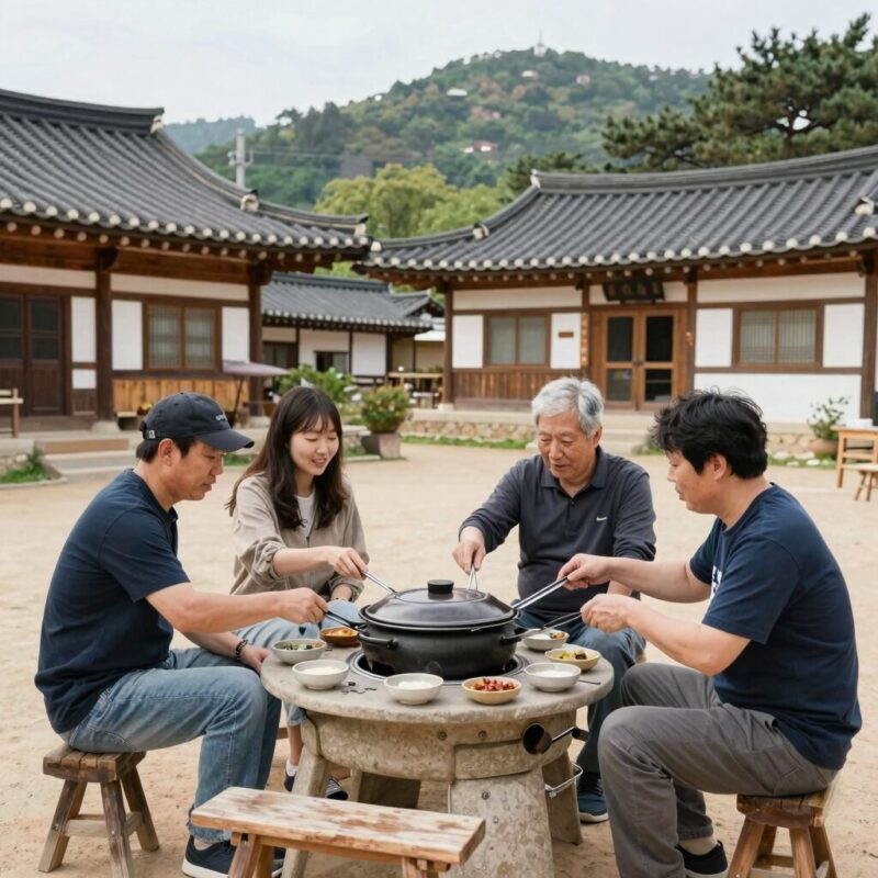 가평 임초리부뚜막풀빌라의 솥뚜껑 바비큐를 즐기는 모습
