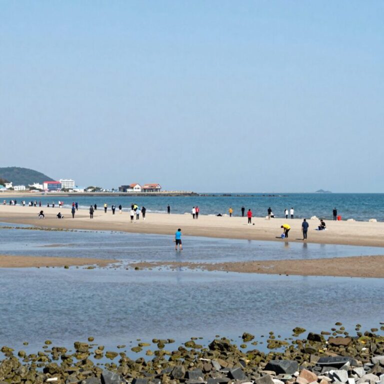 고사포해수욕장 갯벌이 드러난 모습, 하섬까지 이어지는 바닷길과 해루질하는 사람들