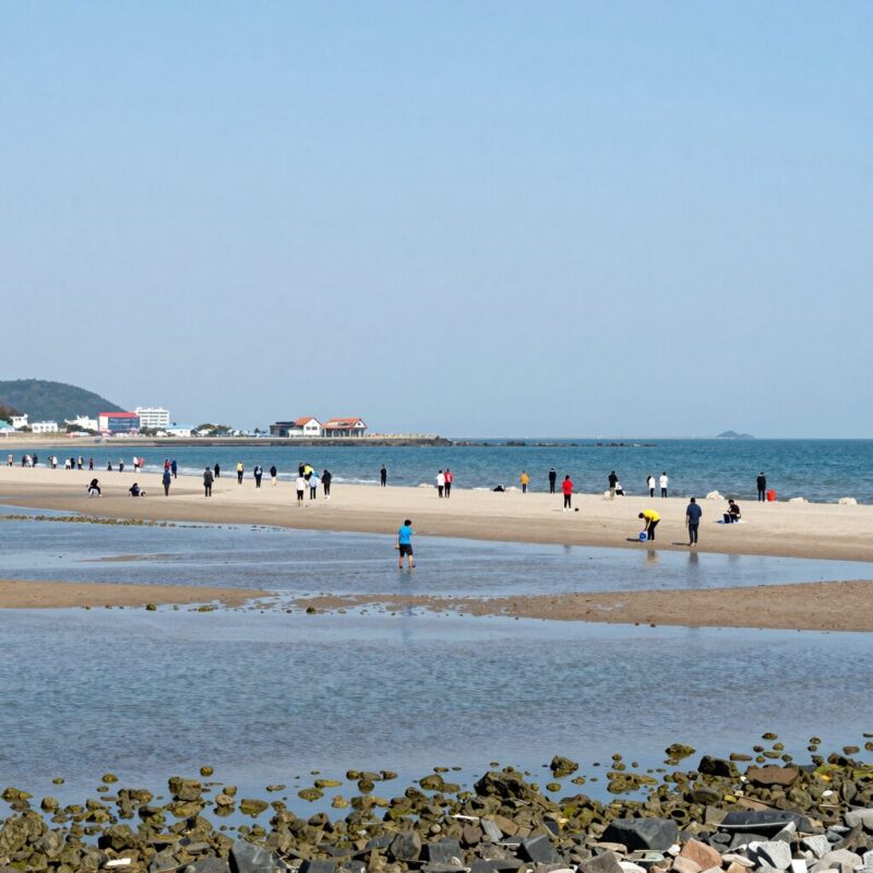 고사포해수욕장 해루질 당일 여행 완벽 코스 1 고사포해수욕장 갯벌이 드러난 모습, 하섬까지 이어지는 바닷길과 해루질하는 사람들