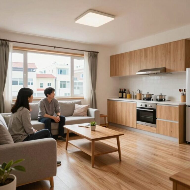 고성 춘성펜션 거실과 주방의 깔끔한 인테리어 전경