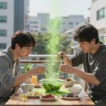 그린 아세로라 효능 섭취법 선택기준 정리 그린 아세로라 분말을 식후에 물에 타서 마시는 모습, 아침 식사와 함께 배치된 건강 루틴 이미지