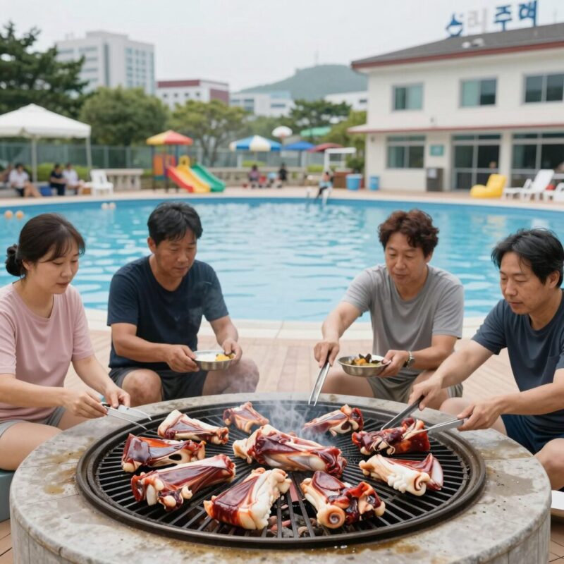 고기구워먹는수영장 완벽 후기와 팁 1 고기구워먹는수영장 통일로 워터파크 평상에서 고기 굽는 모습