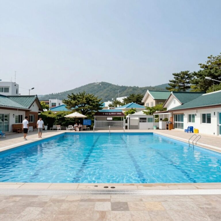 구미 수영장 펜션 더그로브와 선산촌집의 수영장 및 마당 전경을 비교한 이미지
